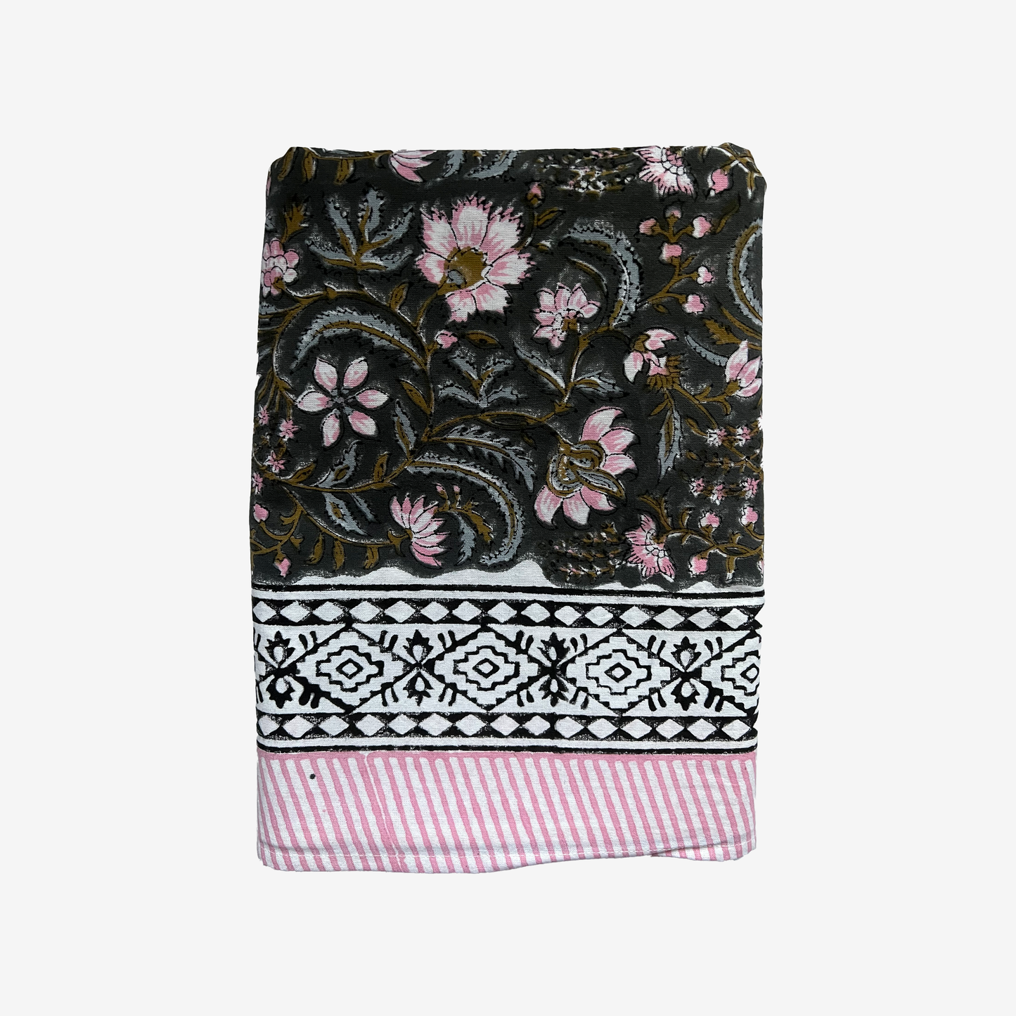 Block Print Floral Table Linen - Pink & Grey