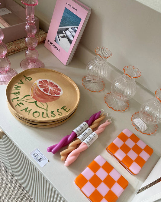 Glass Coaster - Pink + Orange Check